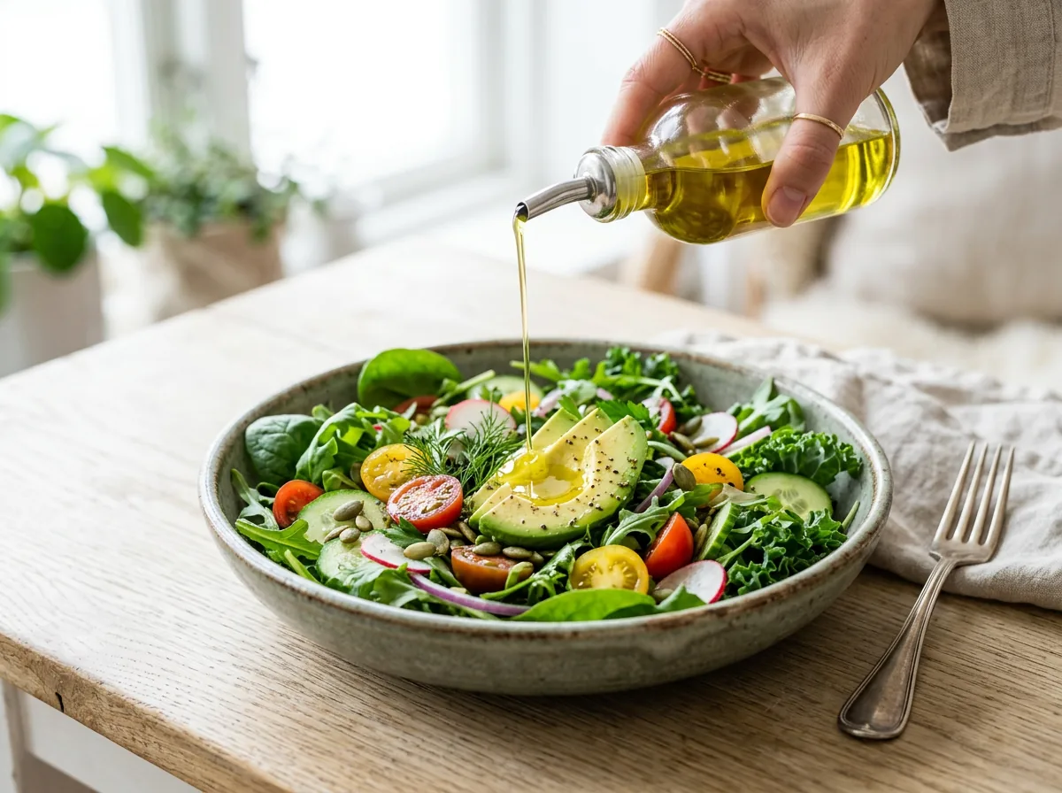 Ulei de avocado turnat peste salată proaspătă