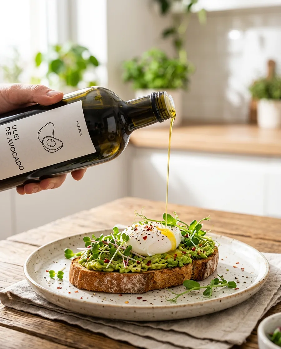 Avocado toast cu ou poșat, stropit cu ulei de avocado GRITUAL